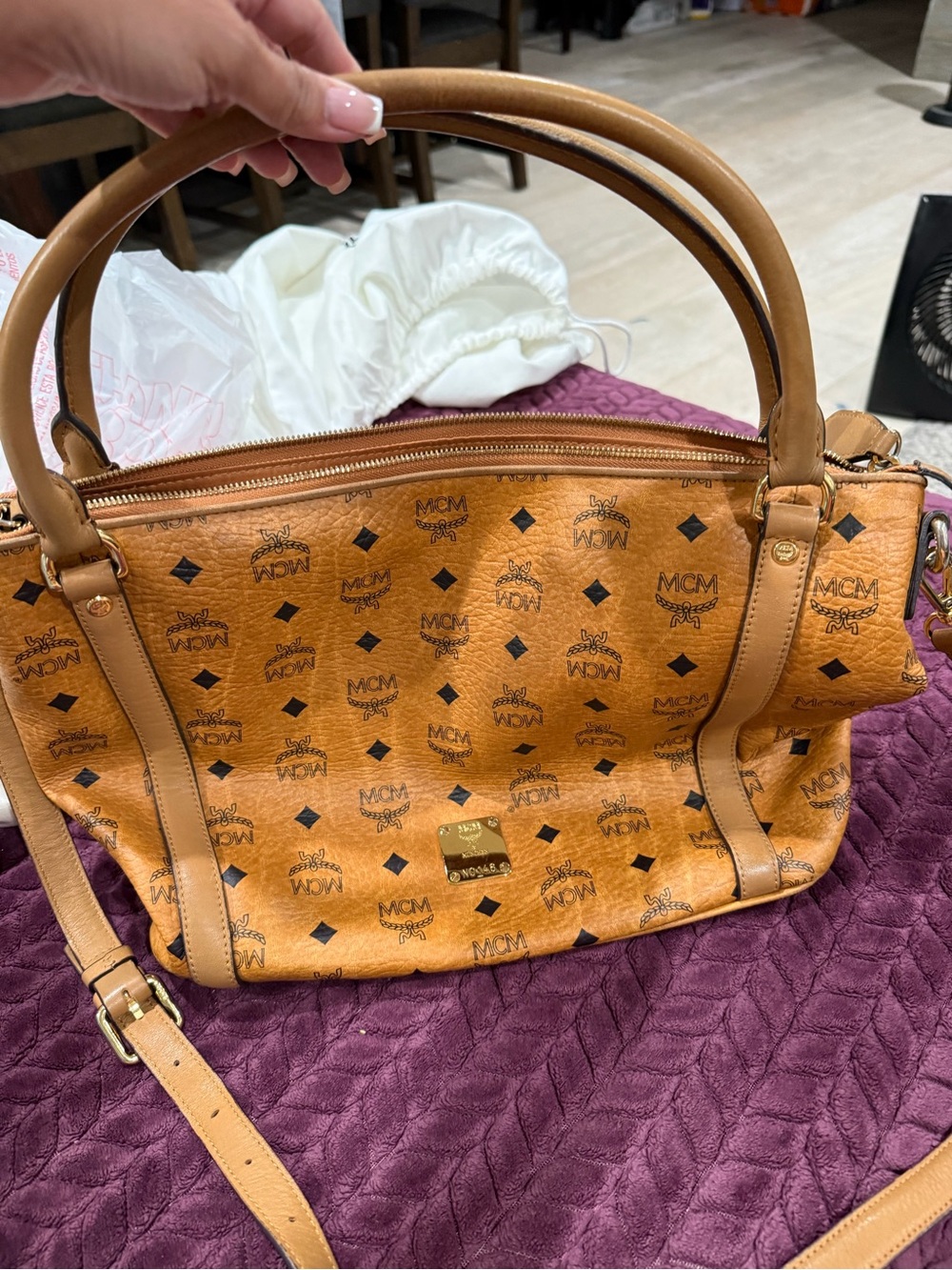 MCM Cognac Visetos Logo Shoulder Bag with Leather Trim